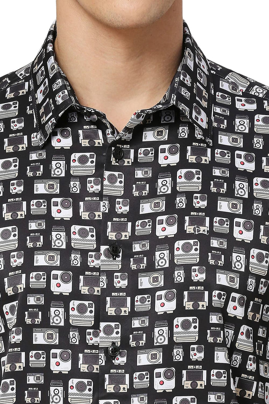 BASICS SLIM FIT PHANTOM BLACK POLYESTER STRETCH TWILL PRINTED HALFSLEEVES SHIRT