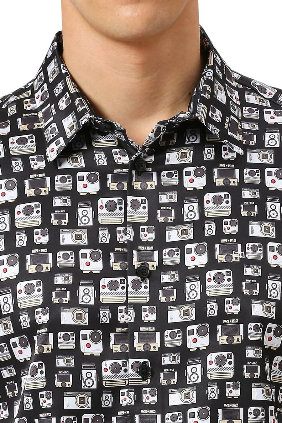 BASICS SLIM FIT PHANTOM BLACK POLYESTER STRETCH TWILL PRINTED SHIRT