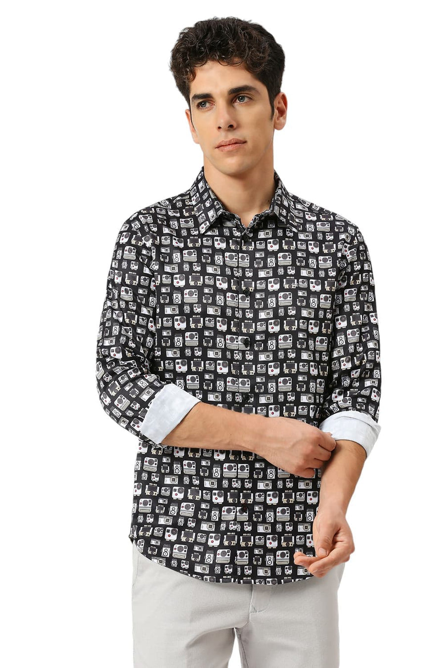 BASICS SLIM FIT PHANTOM BLACK POLYESTER STRETCH TWILL PRINTED SHIRT