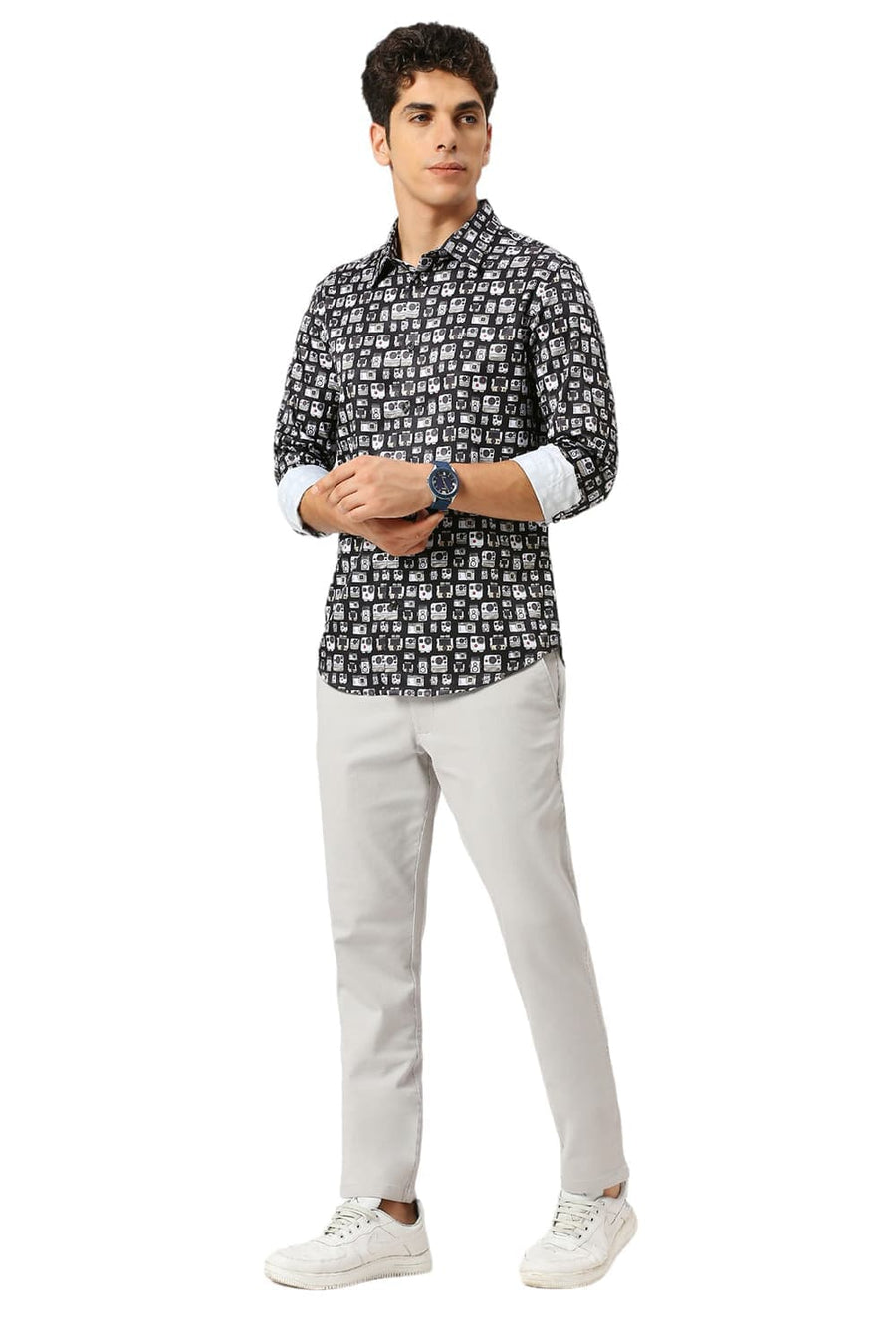 BASICS SLIM FIT PHANTOM BLACK POLYESTER STRETCH TWILL PRINTED SHIRT