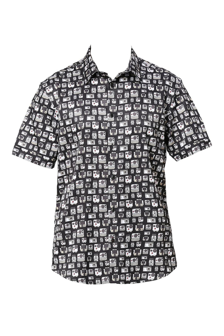 BASICS SLIM FIT PHANTOM BLACK POLYESTER STRETCH TWILL PRINTED HALFSLEEVES SHIRT