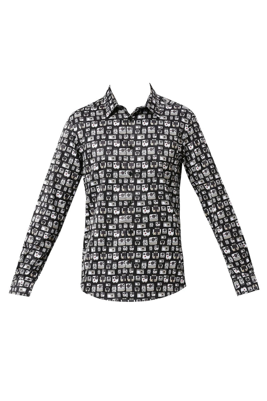 BASICS SLIM FIT PHANTOM BLACK POLYESTER STRETCH TWILL PRINTED SHIRT