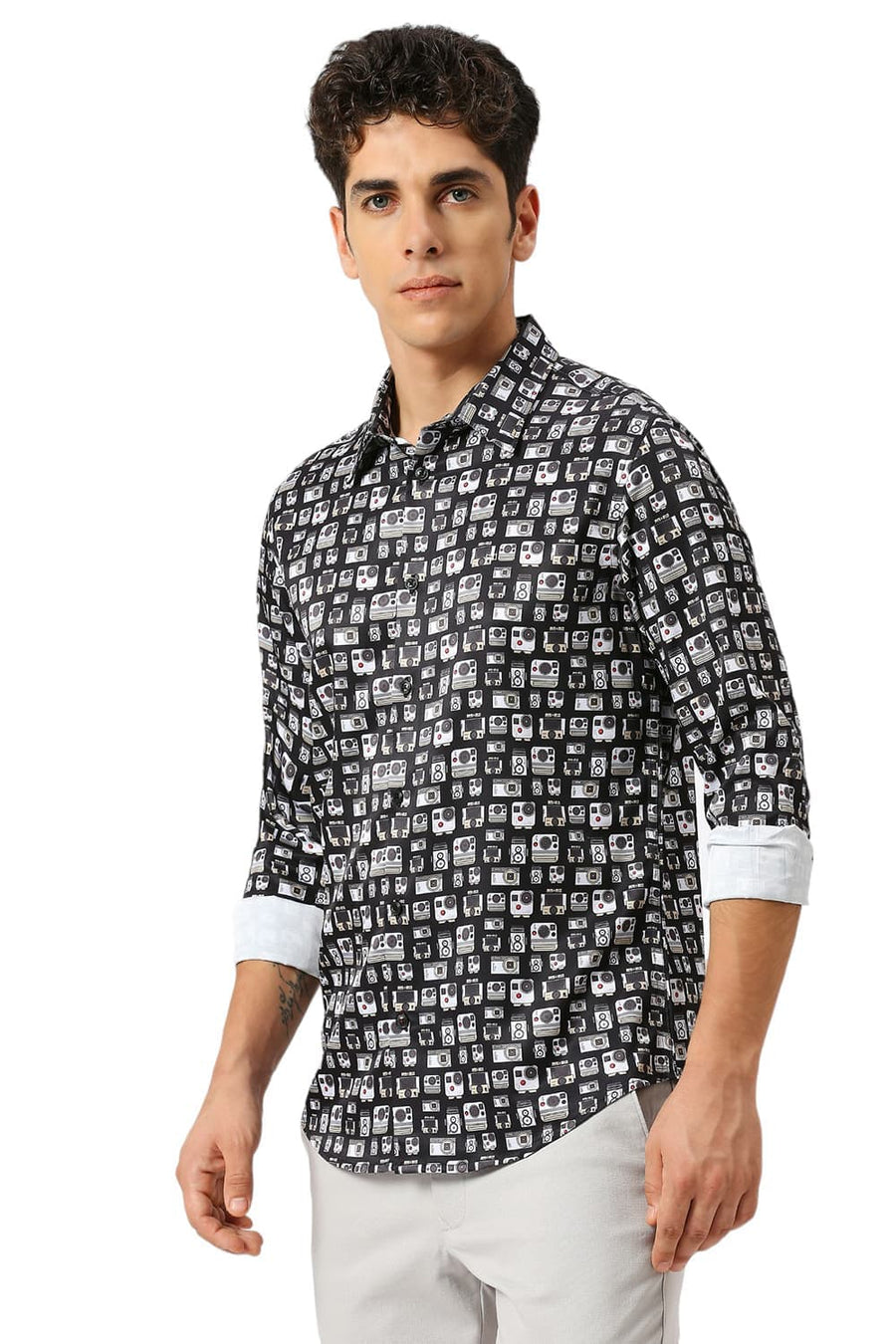 BASICS SLIM FIT PHANTOM BLACK POLYESTER STRETCH TWILL PRINTED SHIRT