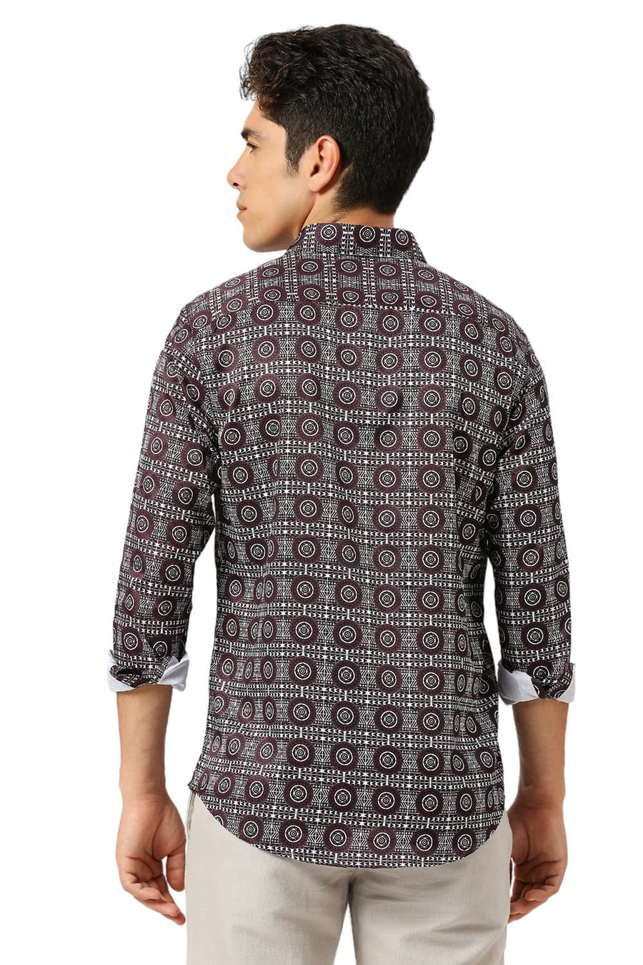 BASICS SLIM FIT MAROON FUDGE POLYESTER STRETCH TWILL PRINTED SHIRT