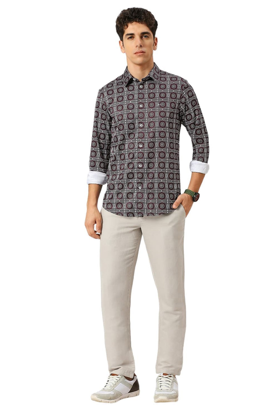 BASICS SLIM FIT MAROON FUDGE POLYESTER STRETCH TWILL PRINTED SHIRT