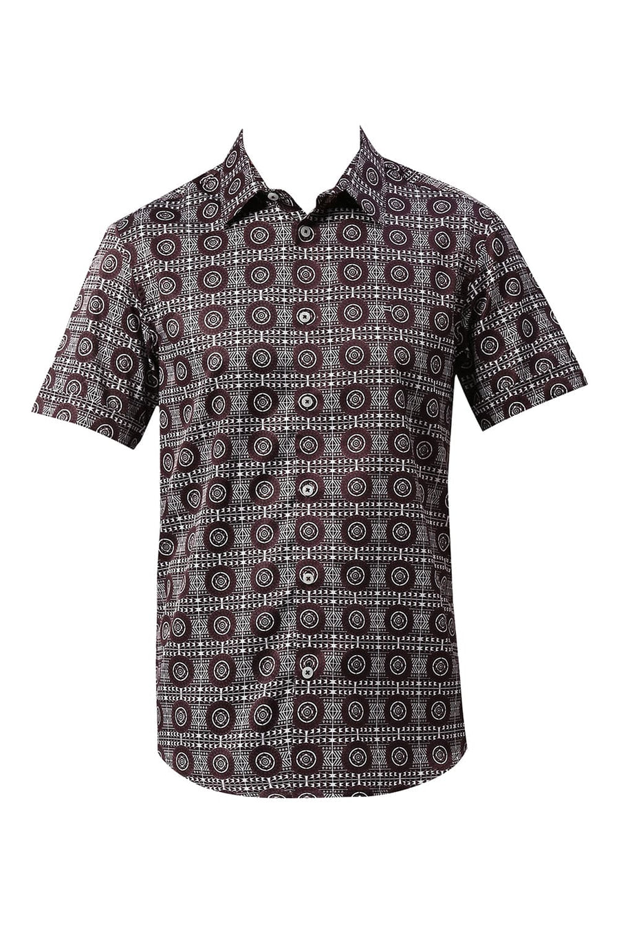 BASICS SLIM FIT MAROON FUDGE POLYESTER STRETCH TWILL PRINTED HALFSLEEVES SHIRT