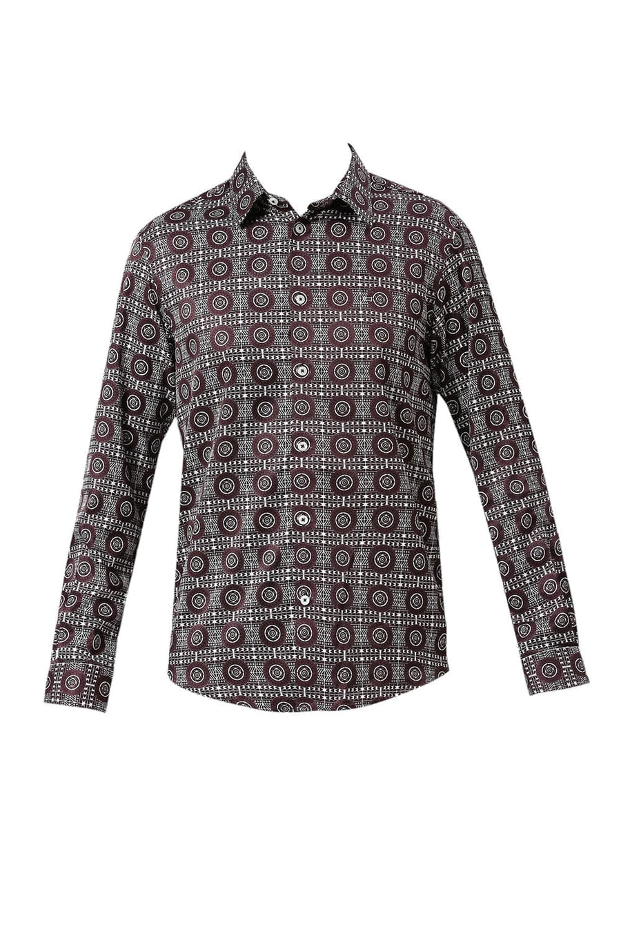 BASICS SLIM FIT MAROON FUDGE POLYESTER STRETCH TWILL PRINTED SHIRT