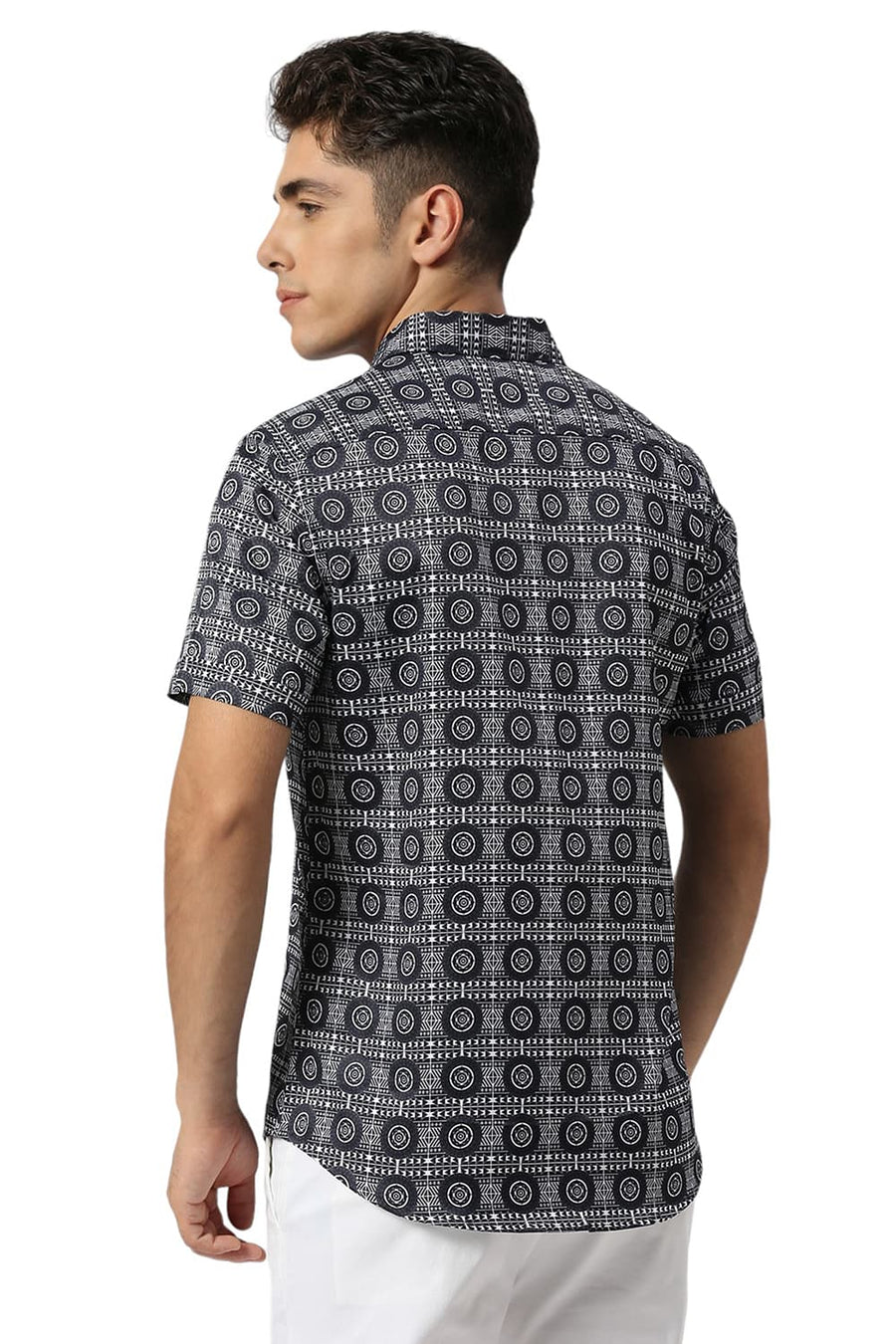 BASICS SLIM FIT MIDNIGHT NAVY POLYESTER STRETCH TWILL PRINTED HALFSLEEVES SHIRT