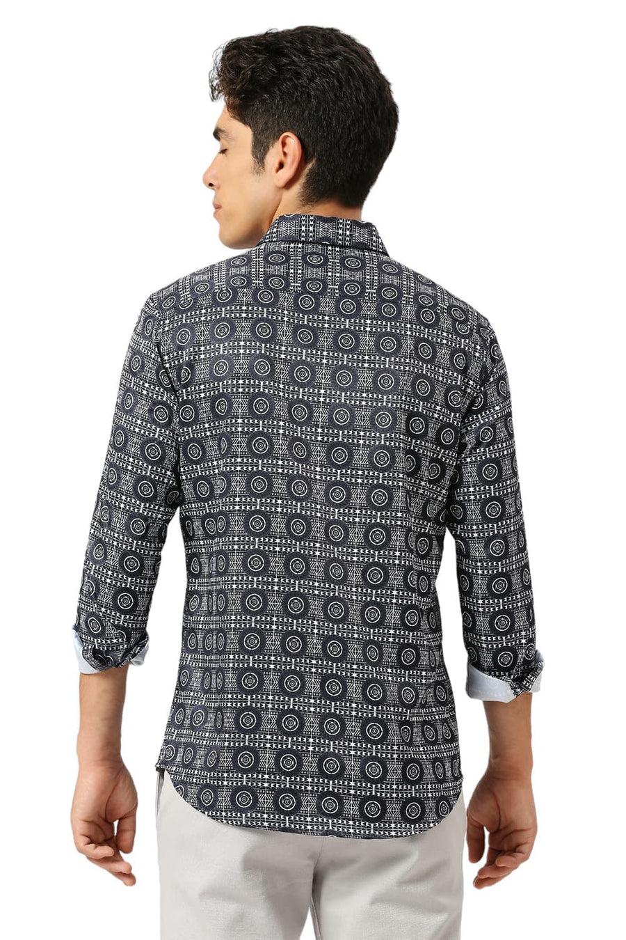 BASICS SLIM FIT MIDNIGHT NAVY POLYESTER STRETCH TWILL PRINTED SHIRT