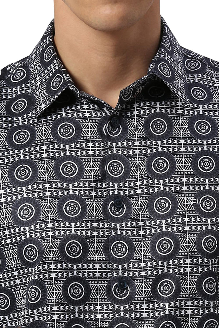 BASICS SLIM FIT MIDNIGHT NAVY POLYESTER STRETCH TWILL PRINTED HALFSLEEVES SHIRT