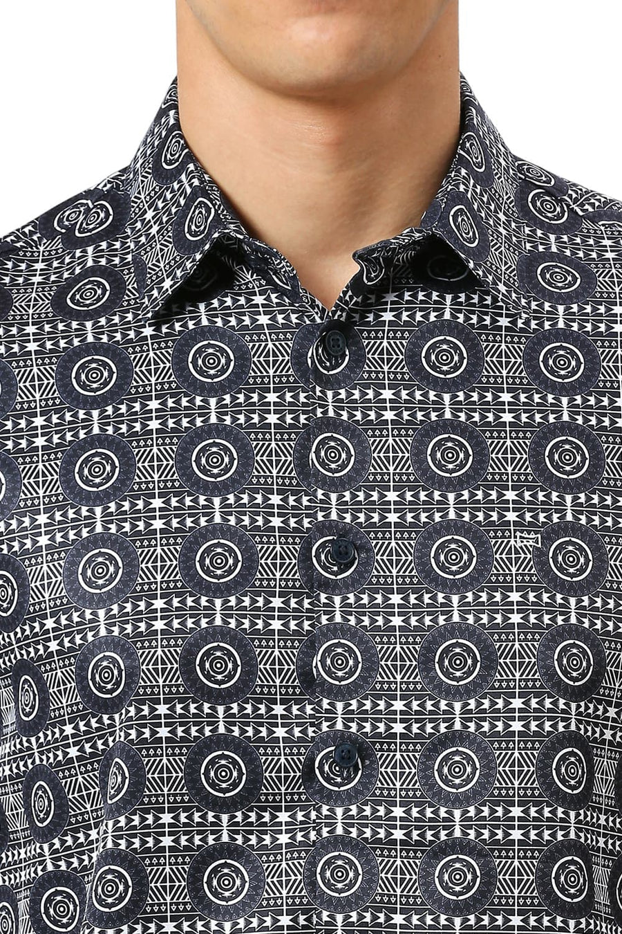 BASICS SLIM FIT MIDNIGHT NAVY POLYESTER STRETCH TWILL PRINTED SHIRT