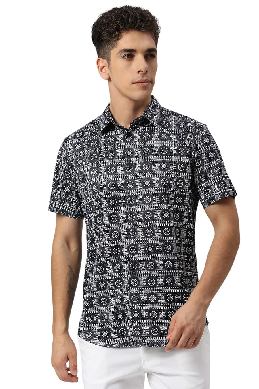 BASICS SLIM FIT MIDNIGHT NAVY POLYESTER STRETCH TWILL PRINTED HALFSLEEVES SHIRT
