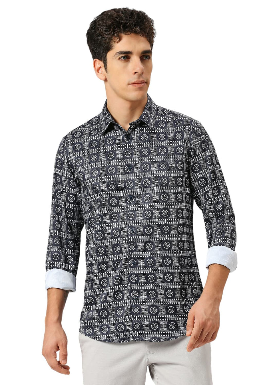 BASICS SLIM FIT MIDNIGHT NAVY POLYESTER STRETCH TWILL PRINTED SHIRT