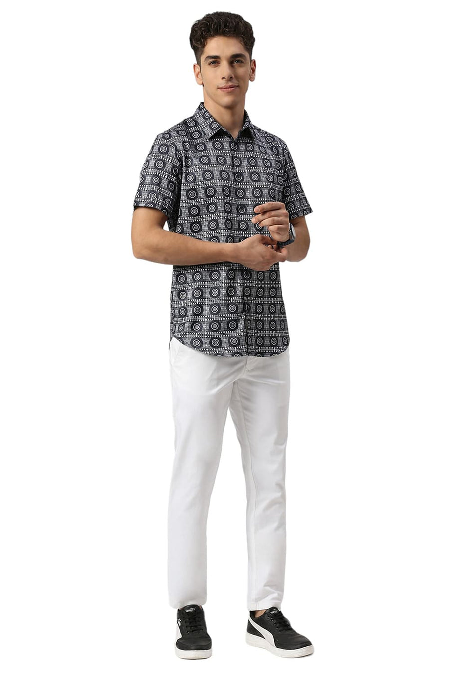 BASICS SLIM FIT MIDNIGHT NAVY POLYESTER STRETCH TWILL PRINTED HALFSLEEVES SHIRT