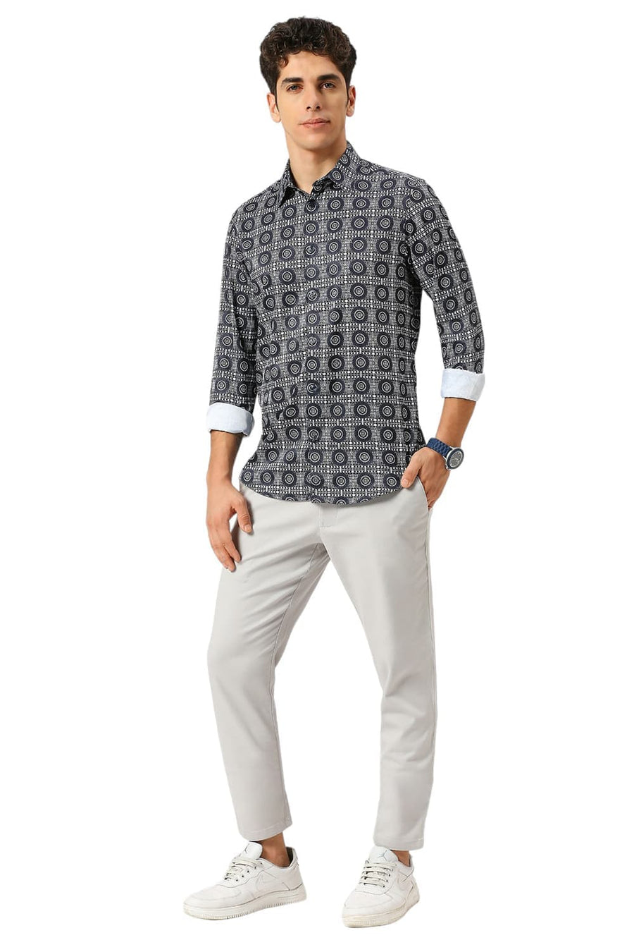 BASICS SLIM FIT MIDNIGHT NAVY POLYESTER STRETCH TWILL PRINTED SHIRT