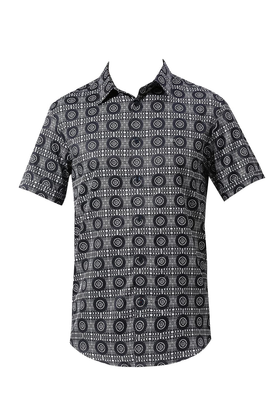 BASICS SLIM FIT MIDNIGHT NAVY POLYESTER STRETCH TWILL PRINTED HALFSLEEVES SHIRT
