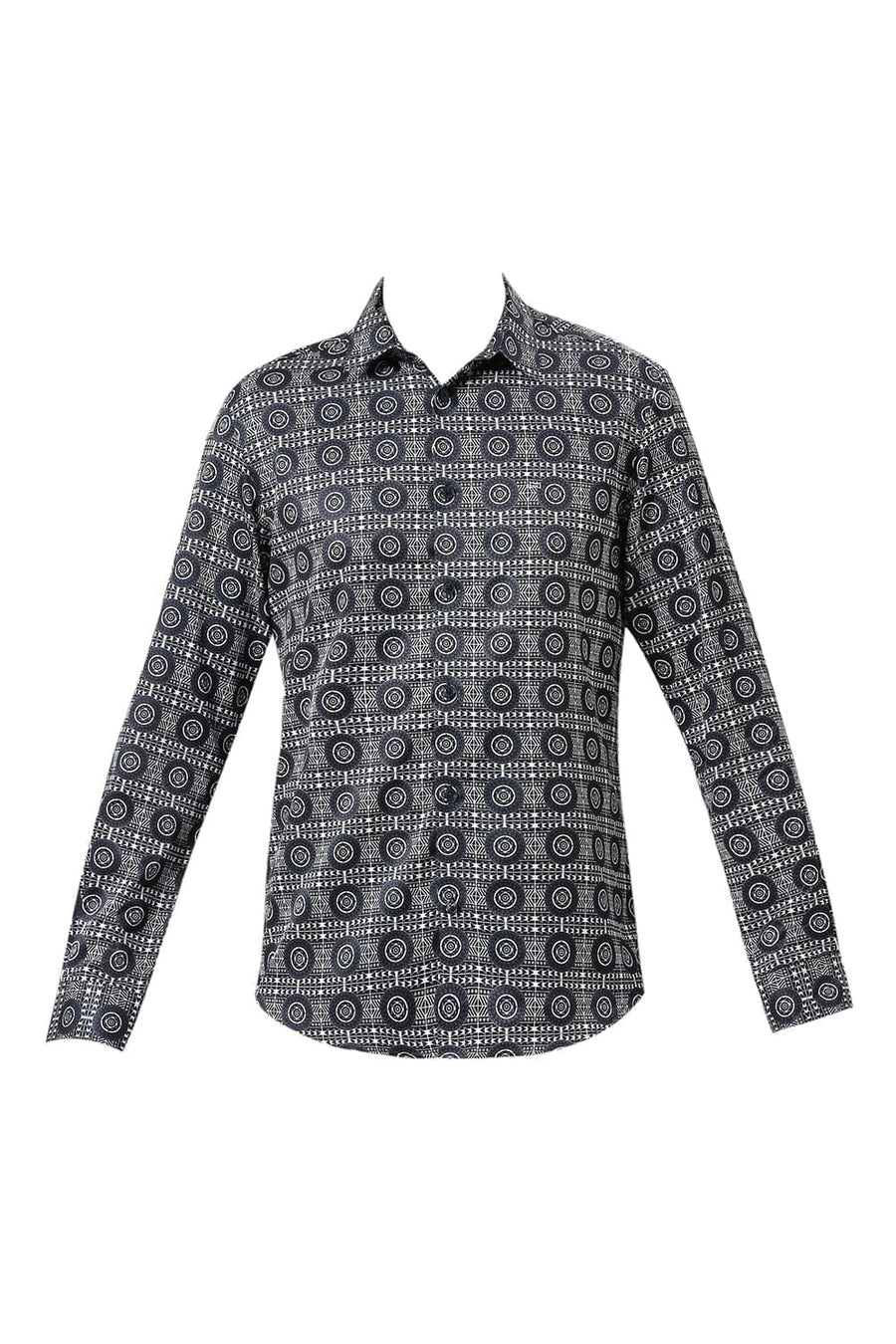 BASICS SLIM FIT MIDNIGHT NAVY POLYESTER STRETCH TWILL PRINTED SHIRT