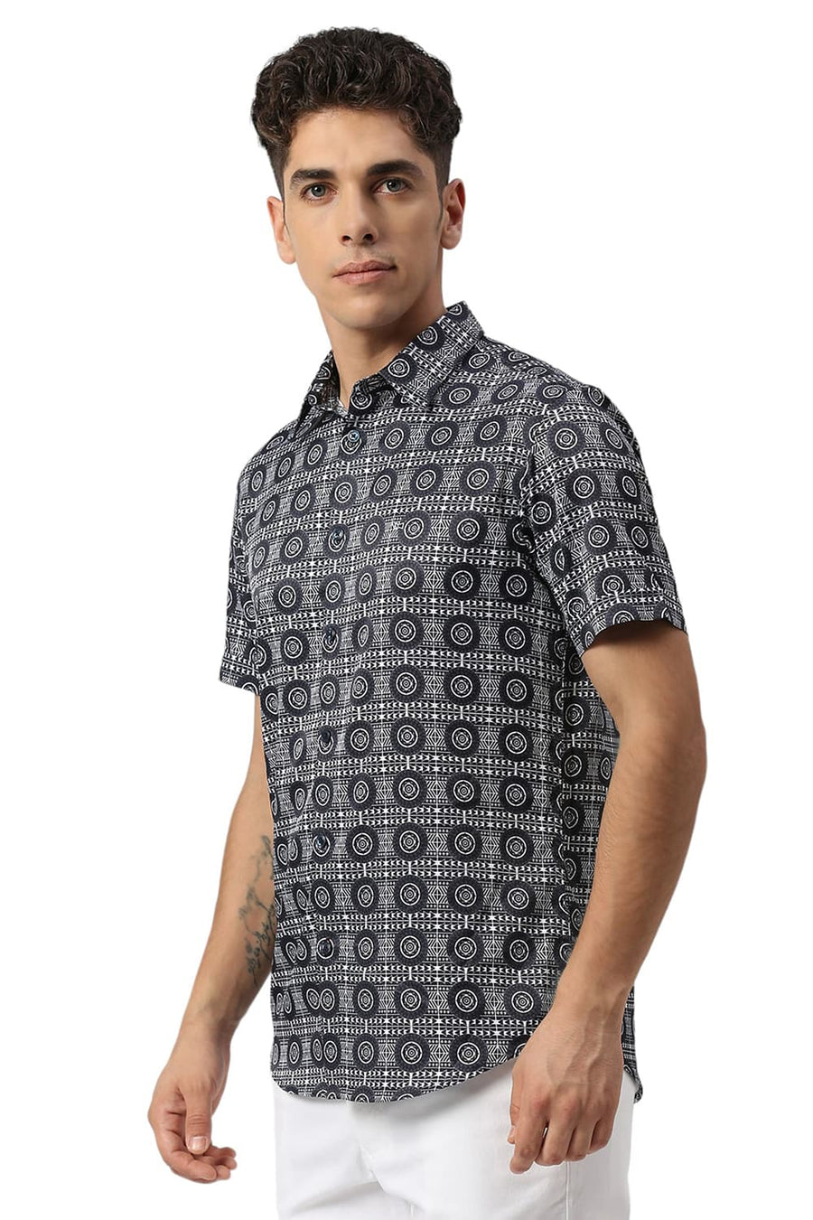 BASICS SLIM FIT MIDNIGHT NAVY POLYESTER STRETCH TWILL PRINTED HALFSLEEVES SHIRT