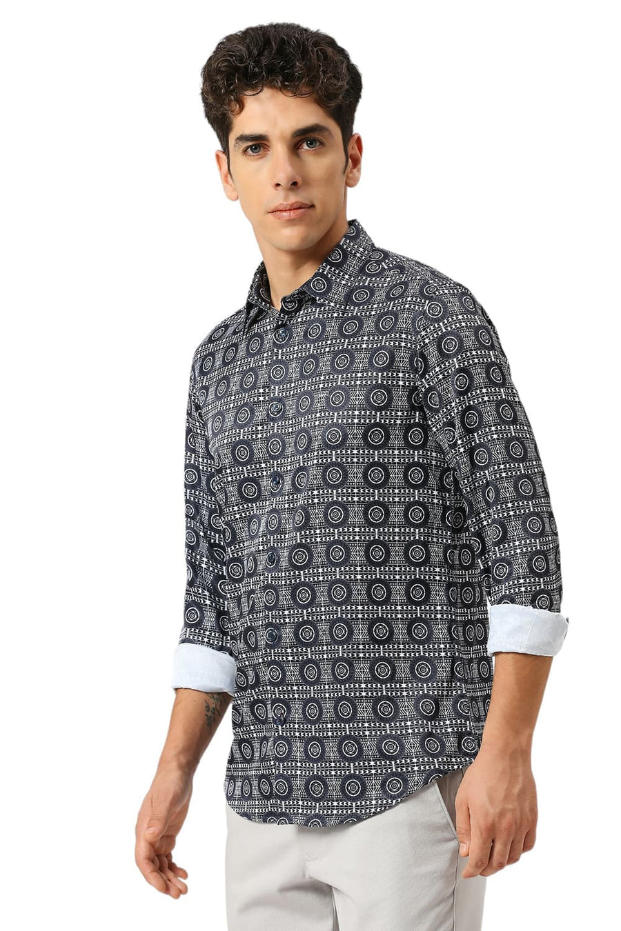 BASICS SLIM FIT MIDNIGHT NAVY POLYESTER STRETCH TWILL PRINTED SHIRT