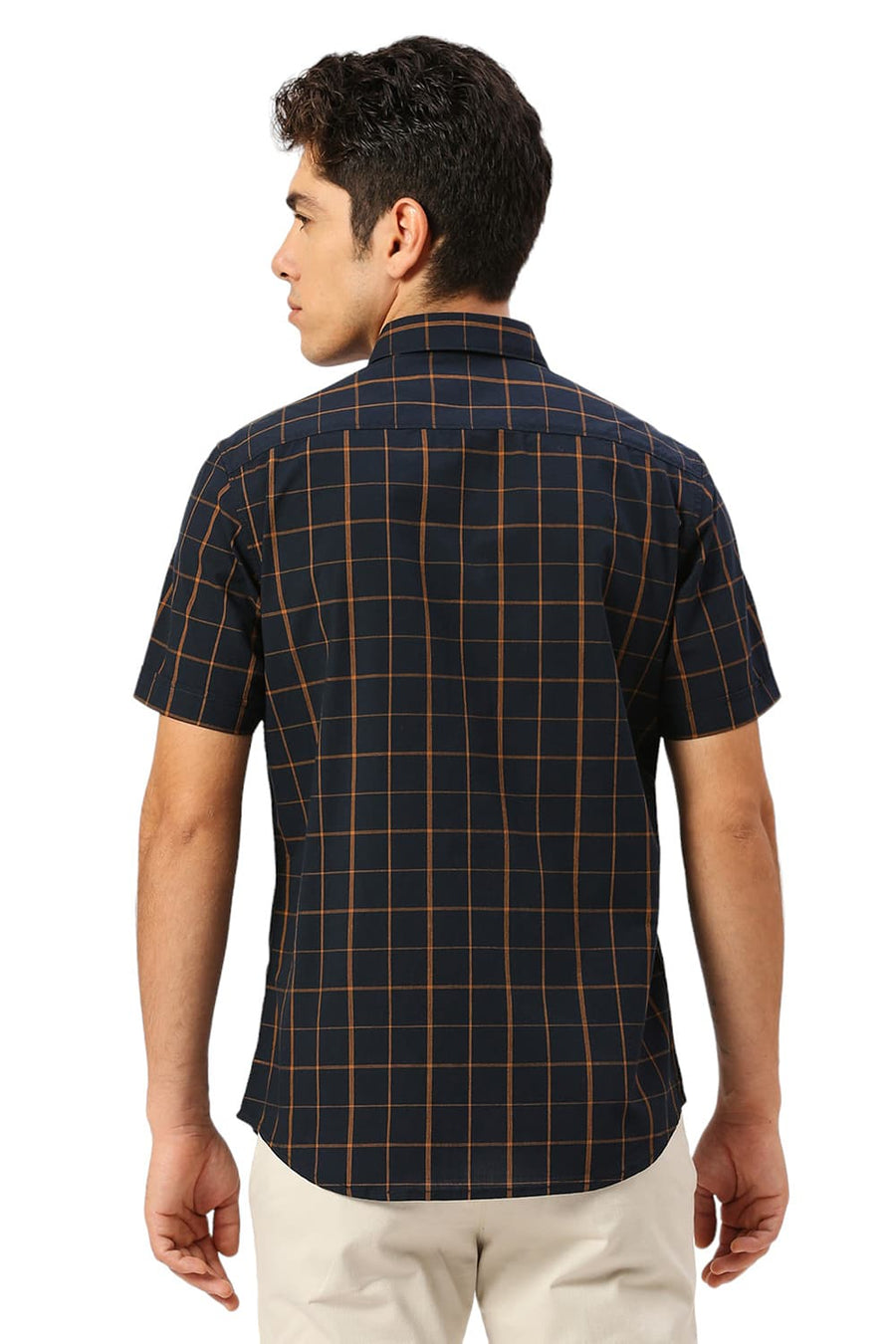 BASICS SLIM FIT INKWELL BLACK COTTON CHECKS HALFSLEEVES SHIRT