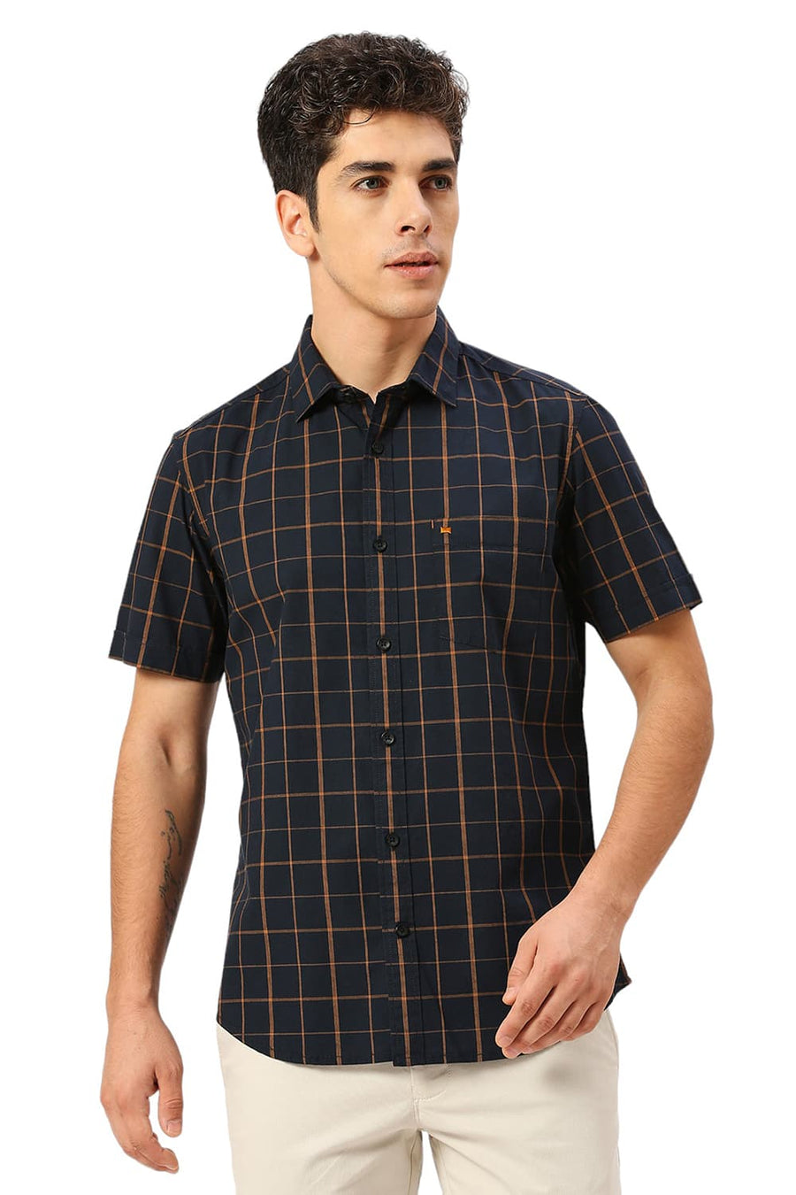 BASICS SLIM FIT INKWELL BLACK COTTON CHECKS HALFSLEEVES SHIRT