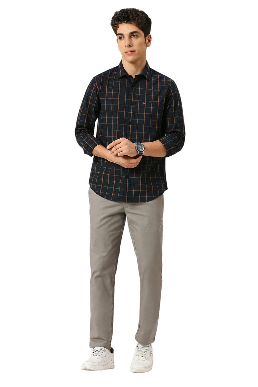 BASICS SLIM FIT INKWELL BLACK COTTON CHECKS SHIRT