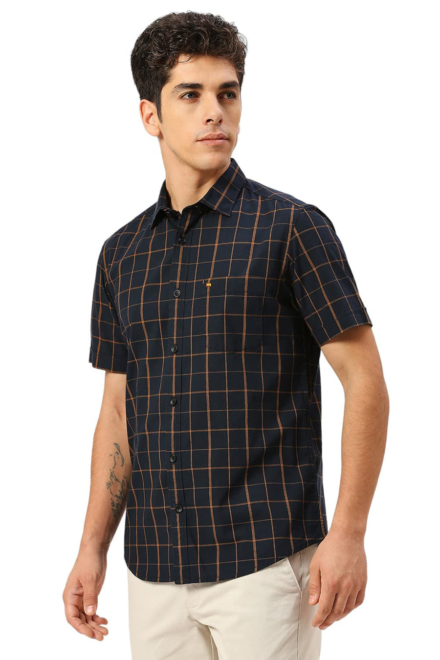 BASICS SLIM FIT INKWELL BLACK COTTON CHECKS HALFSLEEVES SHIRT