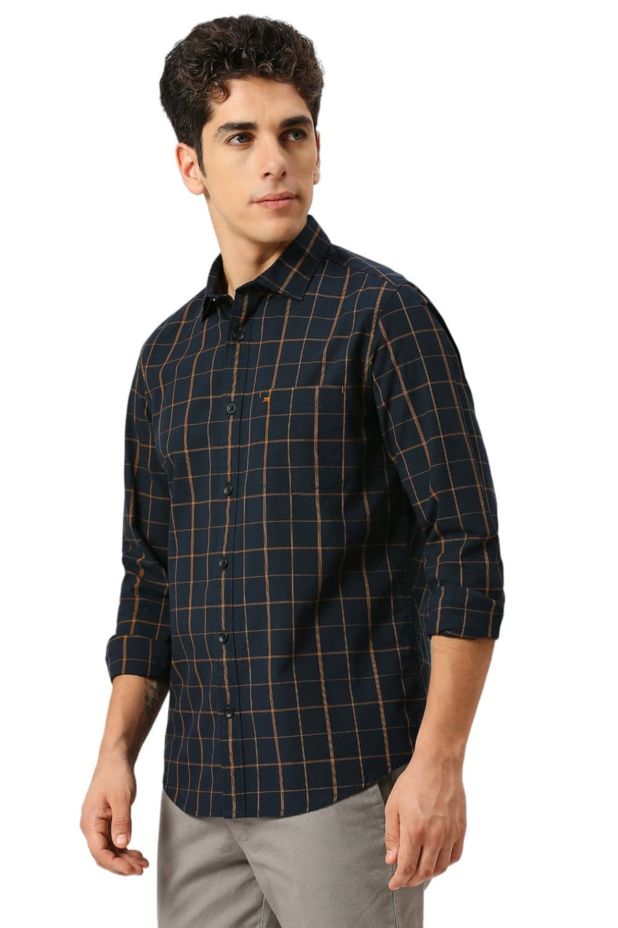 BASICS SLIM FIT INKWELL BLACK COTTON CHECKS SHIRT