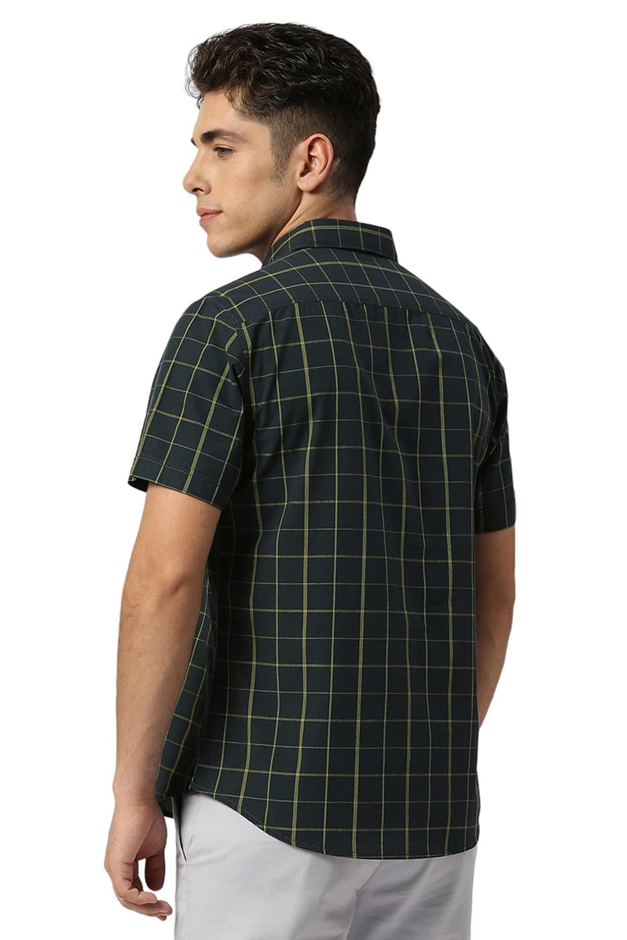 BASICS SLIM FIT FOREST GREEN COTTON CHECKS HALFSLEEVES SHIRT