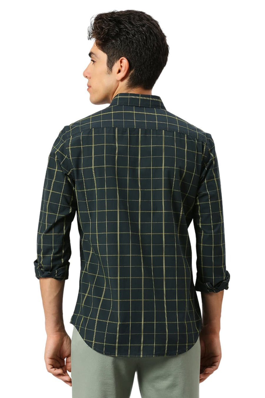 BASICS SLIM FIT FOREST GREEN COTTON CHECKS SHIRT