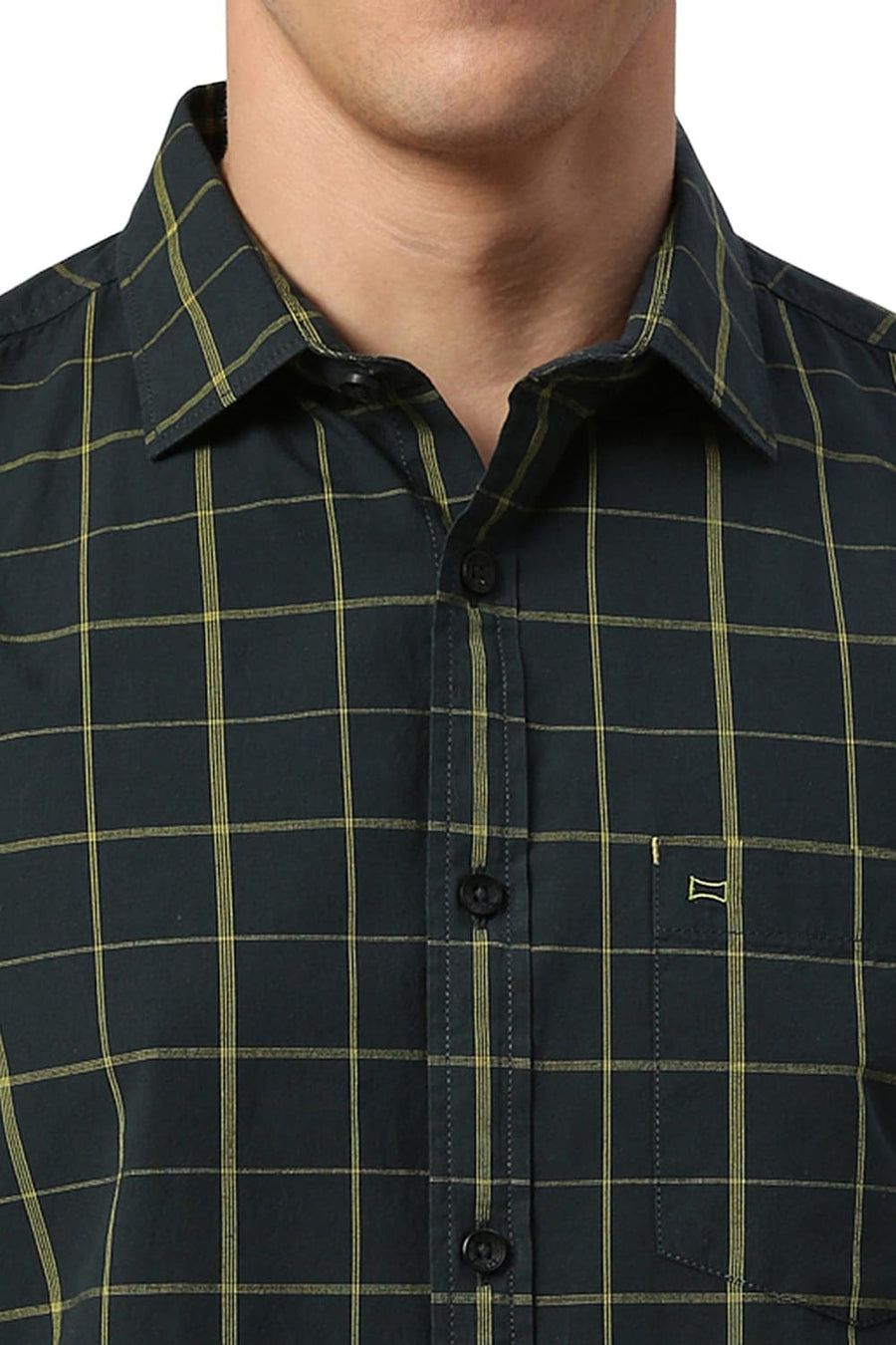 BASICS SLIM FIT FOREST GREEN COTTON CHECKS HALFSLEEVES SHIRT