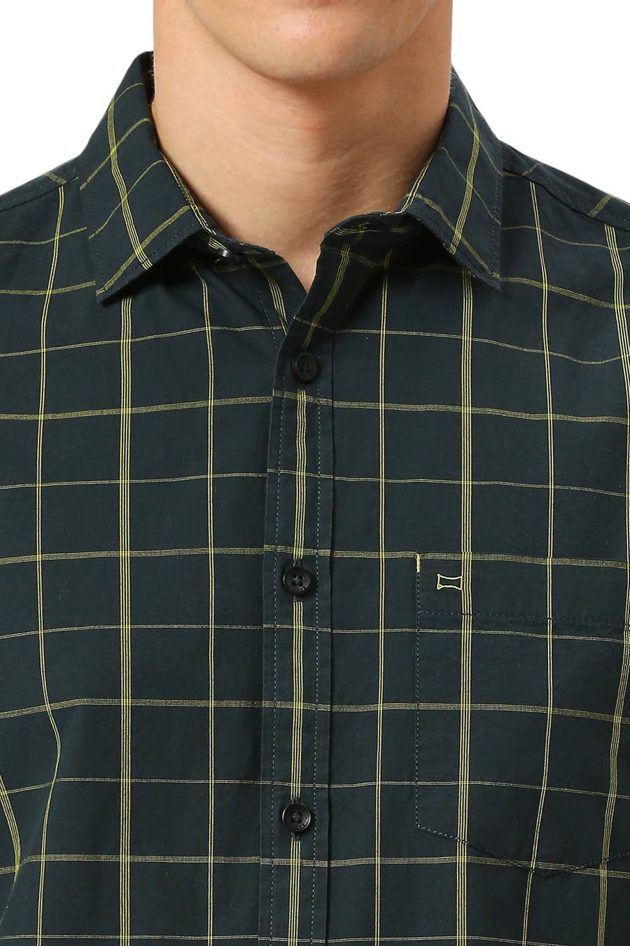 BASICS SLIM FIT FOREST GREEN COTTON CHECKS SHIRT