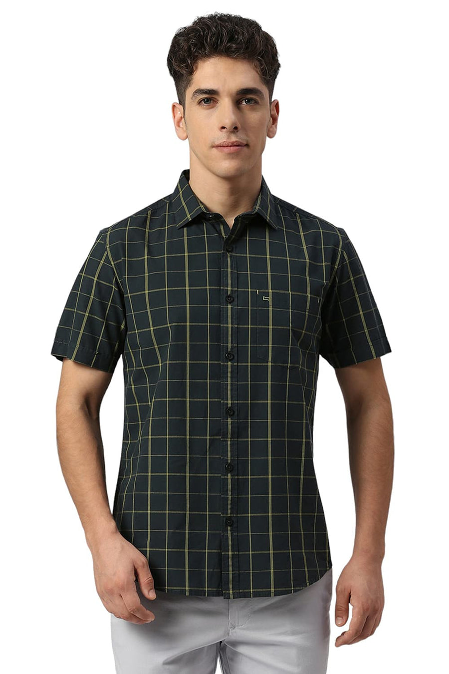 BASICS SLIM FIT FOREST GREEN COTTON CHECKS HALFSLEEVES SHIRT