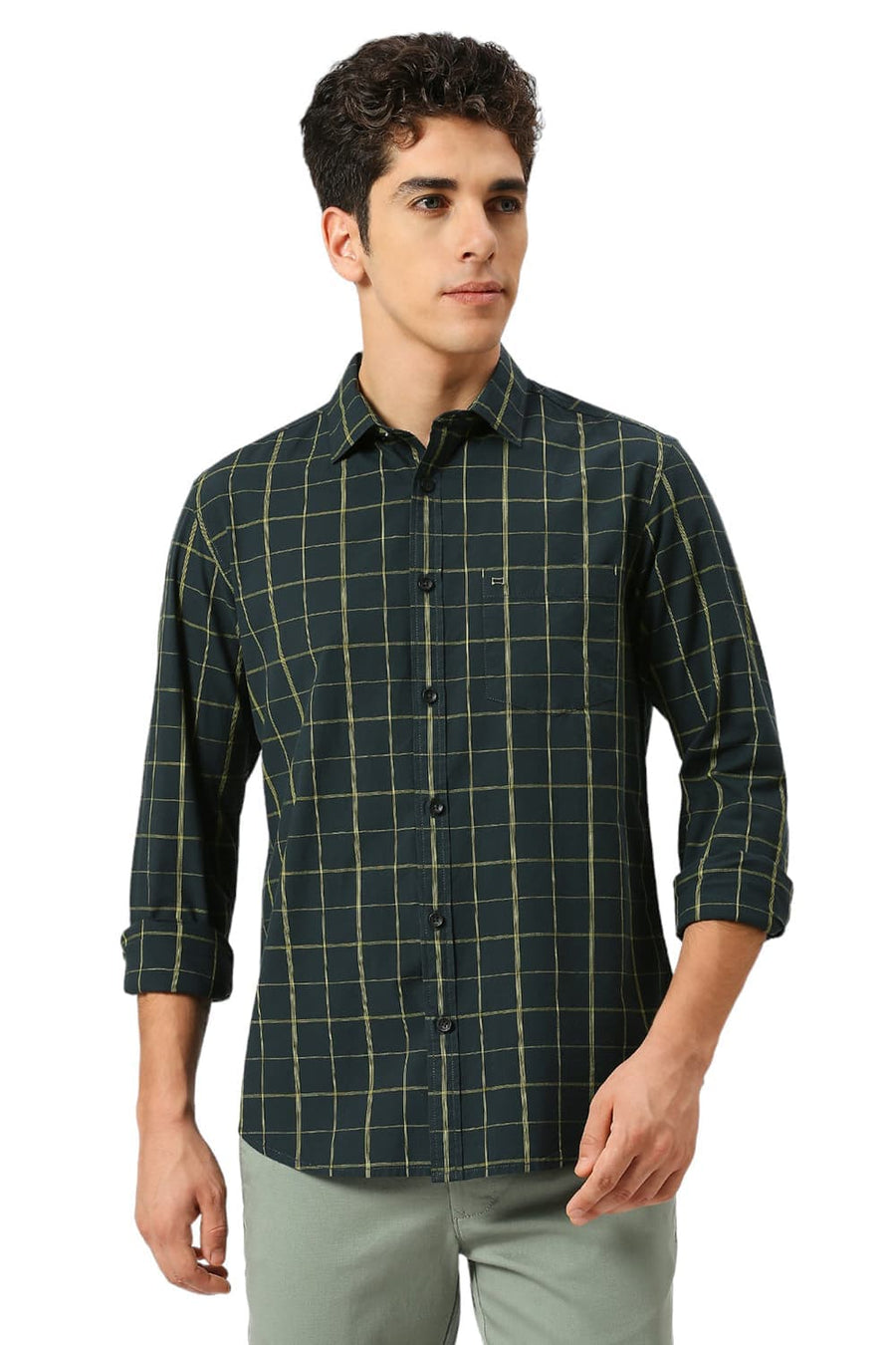 BASICS SLIM FIT FOREST GREEN COTTON CHECKS SHIRT