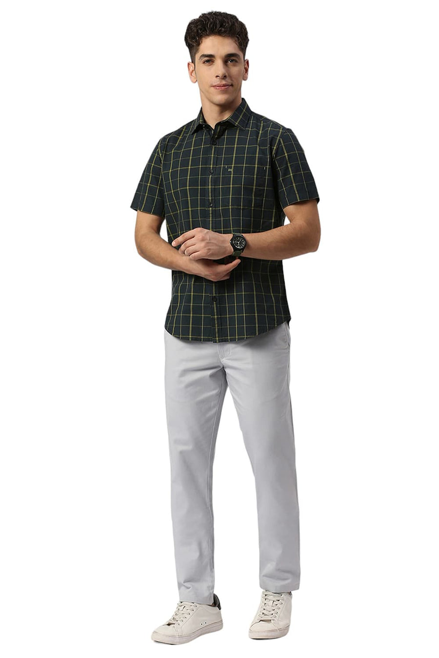 BASICS SLIM FIT FOREST GREEN COTTON CHECKS HALFSLEEVES SHIRT