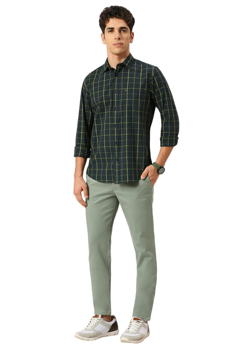 BASICS SLIM FIT FOREST GREEN COTTON CHECKS SHIRT