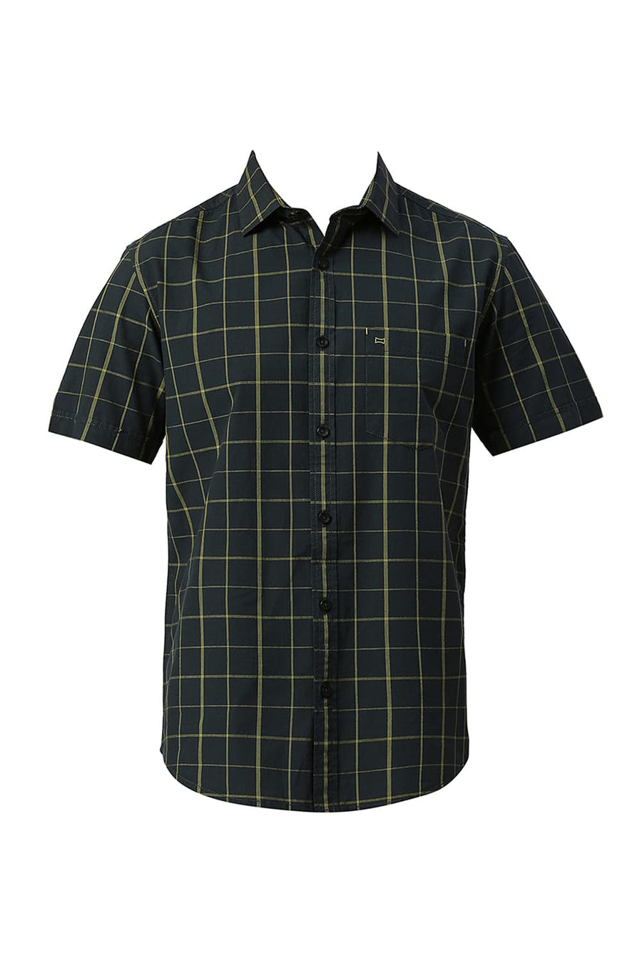 BASICS SLIM FIT FOREST GREEN COTTON CHECKS HALFSLEEVES SHIRT