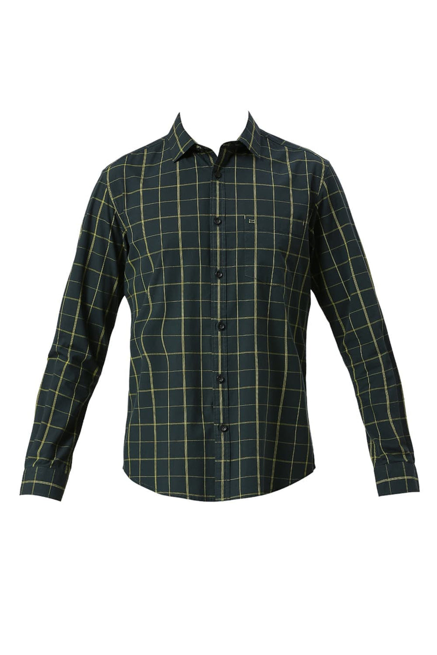 BASICS SLIM FIT FOREST GREEN COTTON CHECKS SHIRT
