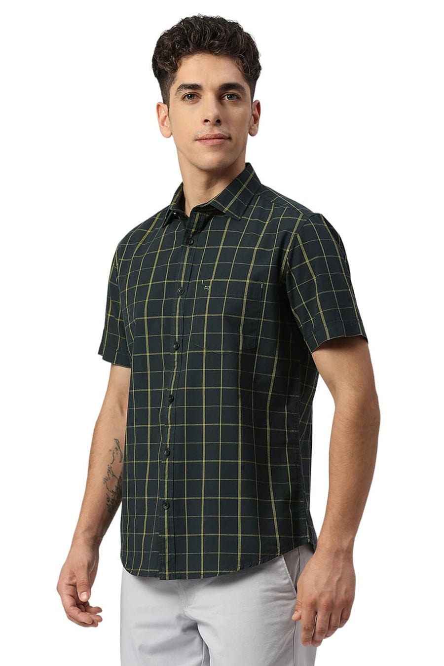 BASICS SLIM FIT FOREST GREEN COTTON CHECKS HALFSLEEVES SHIRT