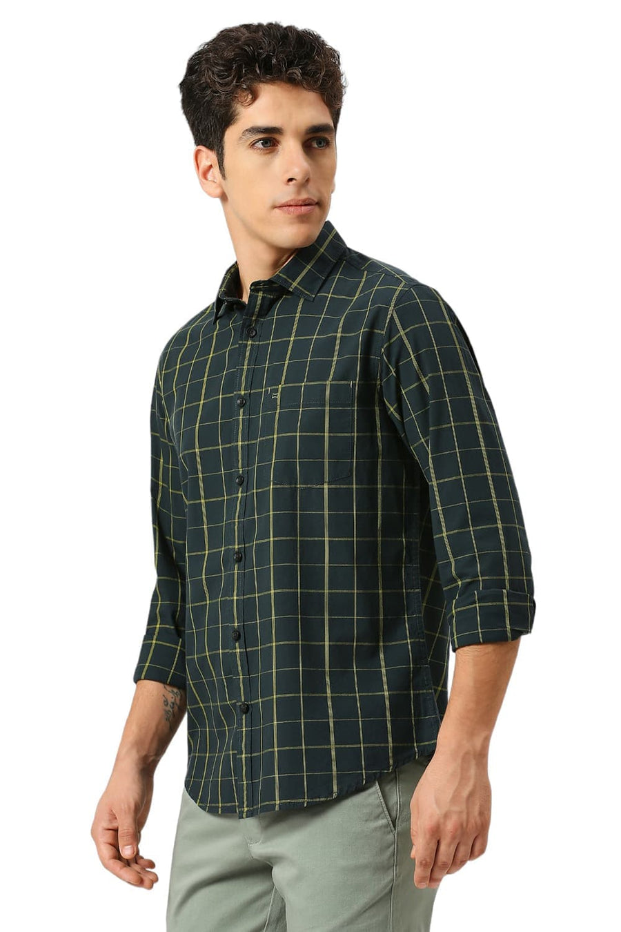 BASICS SLIM FIT FOREST GREEN COTTON CHECKS SHIRT