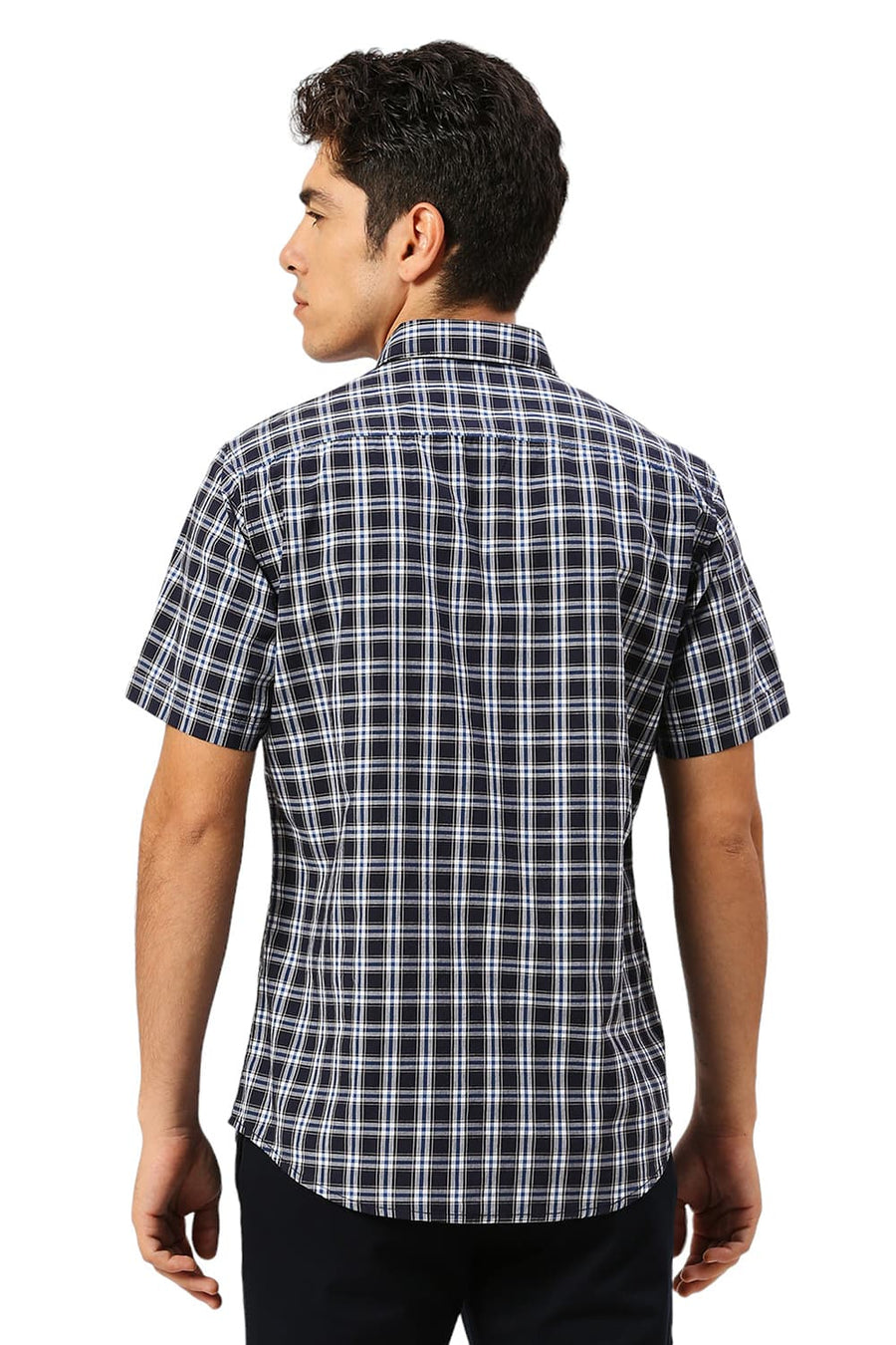 BASICS SLIM FIT OCEAN NAVY COTTON CHECKS HALFSLEEVES SHIRT