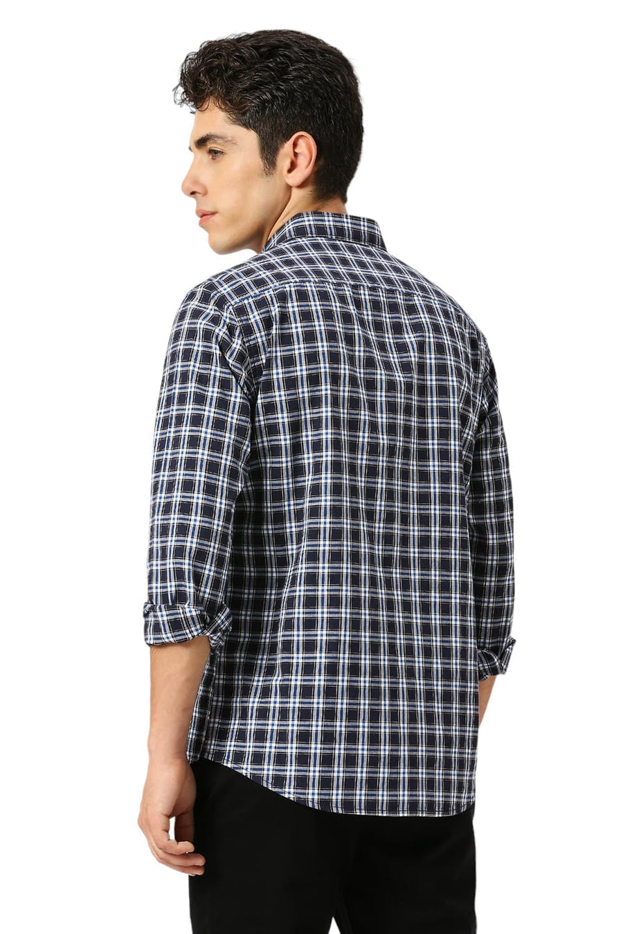 BASICS SLIM FIT OCEAN NAVY COTTON CHECKS SHIRT