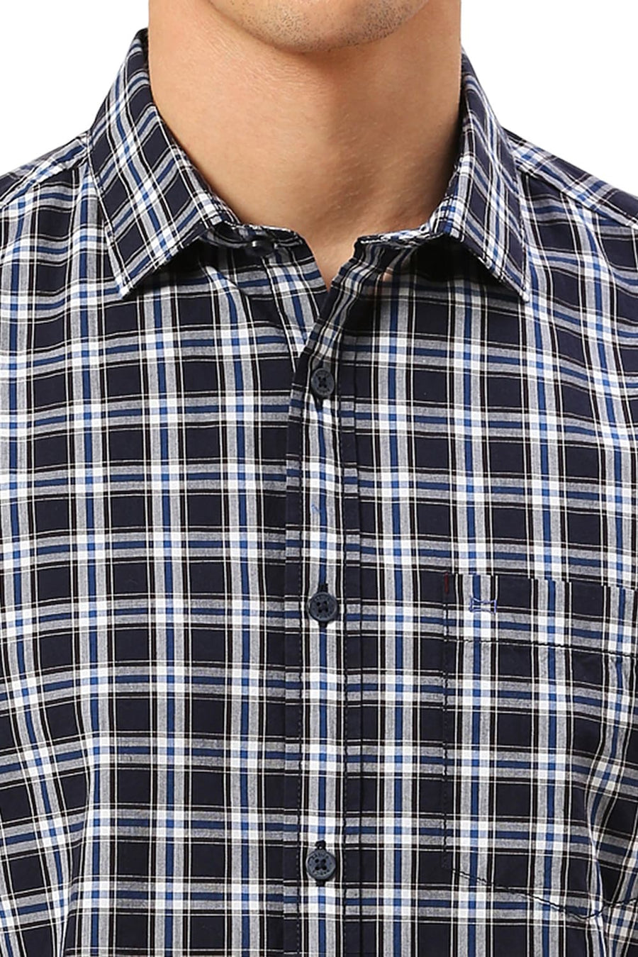 BASICS SLIM FIT OCEAN NAVY COTTON CHECKS HALFSLEEVES SHIRT