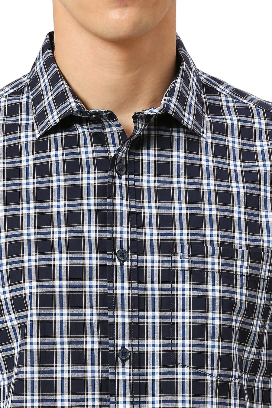 BASICS SLIM FIT OCEAN NAVY COTTON CHECKS SHIRT