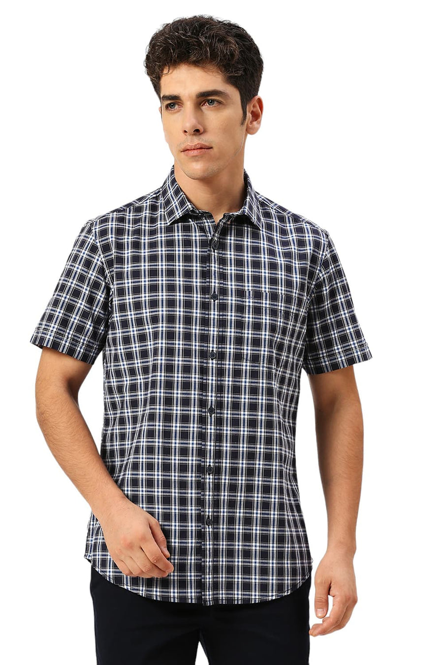 BASICS SLIM FIT OCEAN NAVY COTTON CHECKS HALFSLEEVES SHIRT