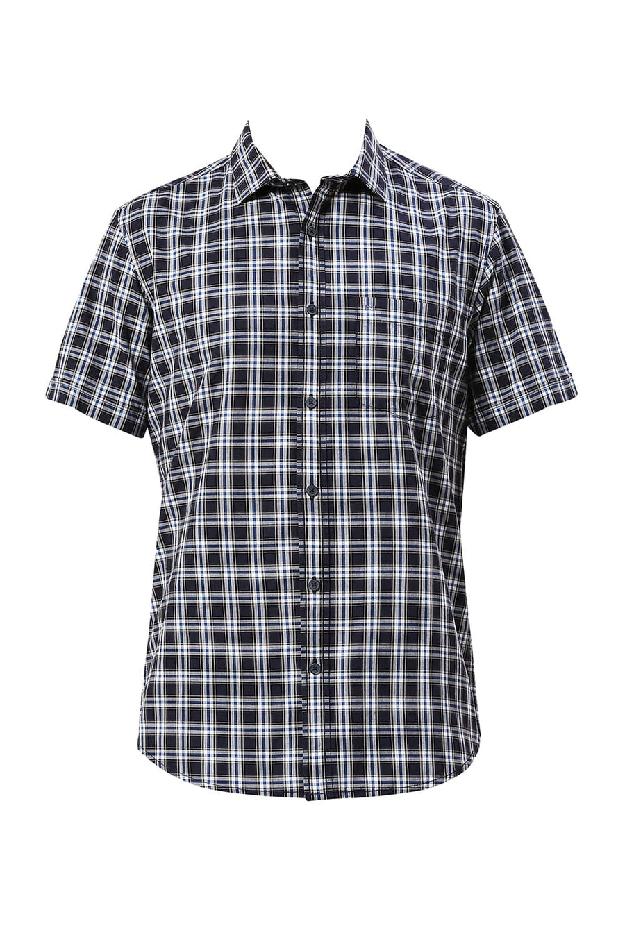 BASICS SLIM FIT OCEAN NAVY COTTON CHECKS HALFSLEEVES SHIRT