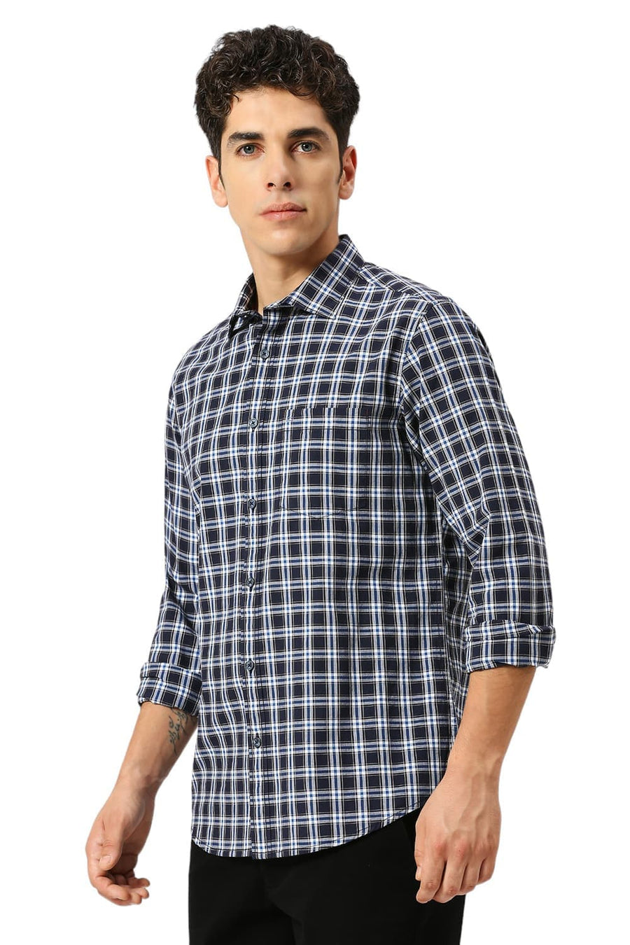 BASICS SLIM FIT OCEAN NAVY COTTON CHECKS SHIRT