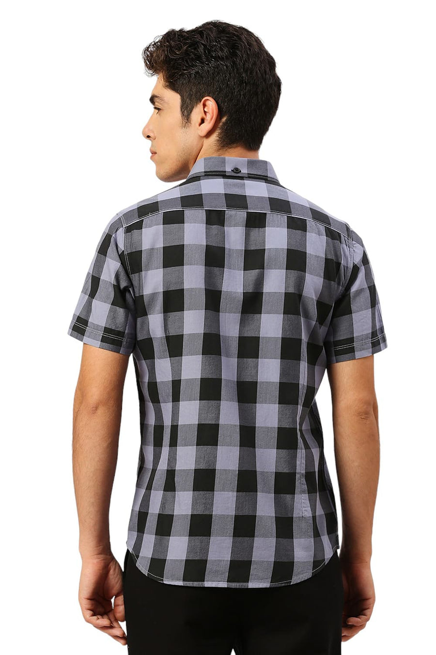 BASICS SLIM FIT GREY DAWN COTTON TWILL CHECKS HALFSLEEVES SHIRT