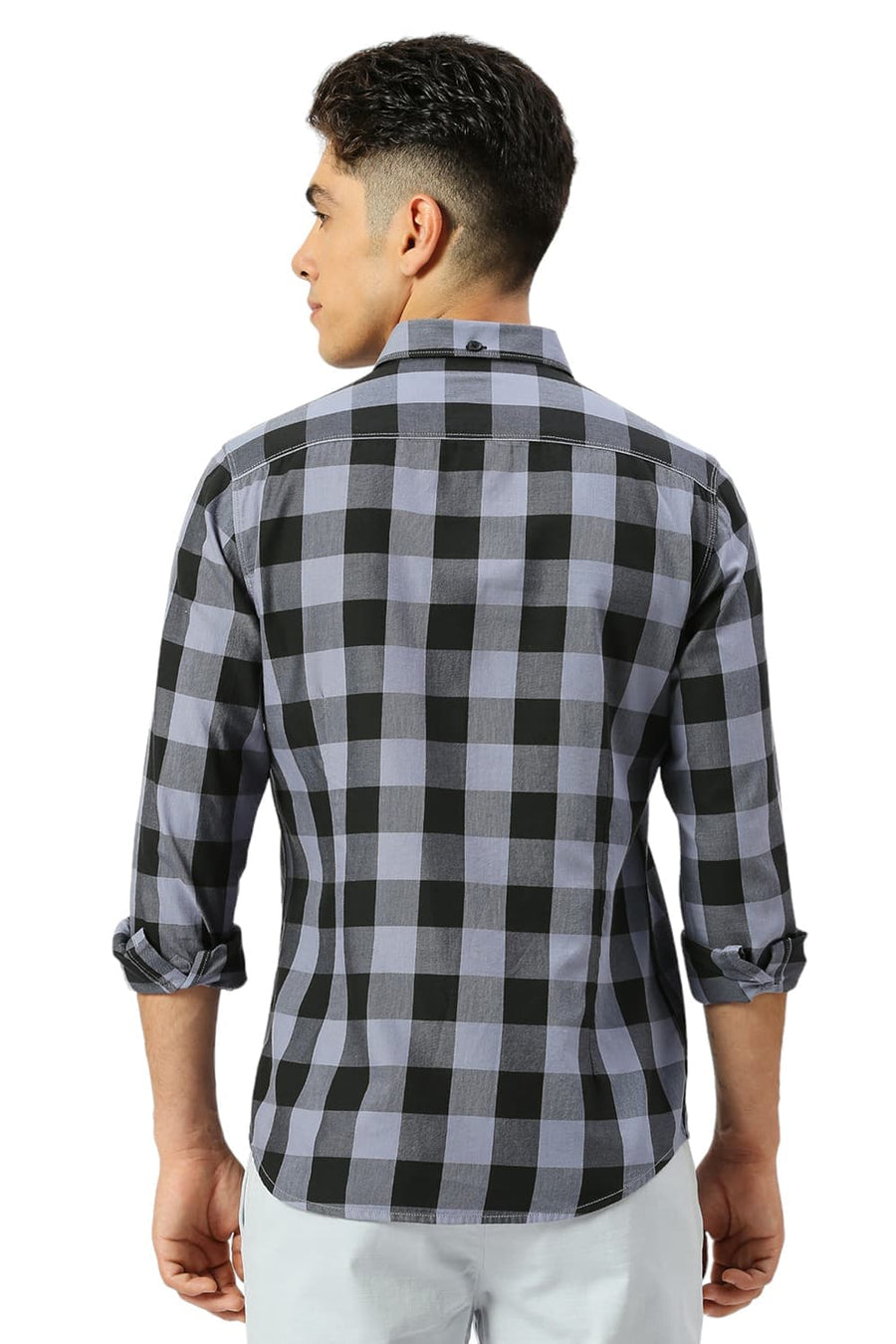 BASICS SLIM FIT GREY DAWN COTTON TWILL CHECKS SHIRT