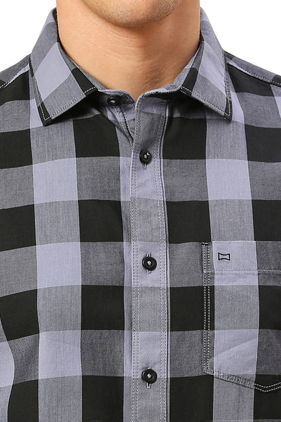 BASICS SLIM FIT GREY DAWN COTTON TWILL CHECKS HALFSLEEVES SHIRT